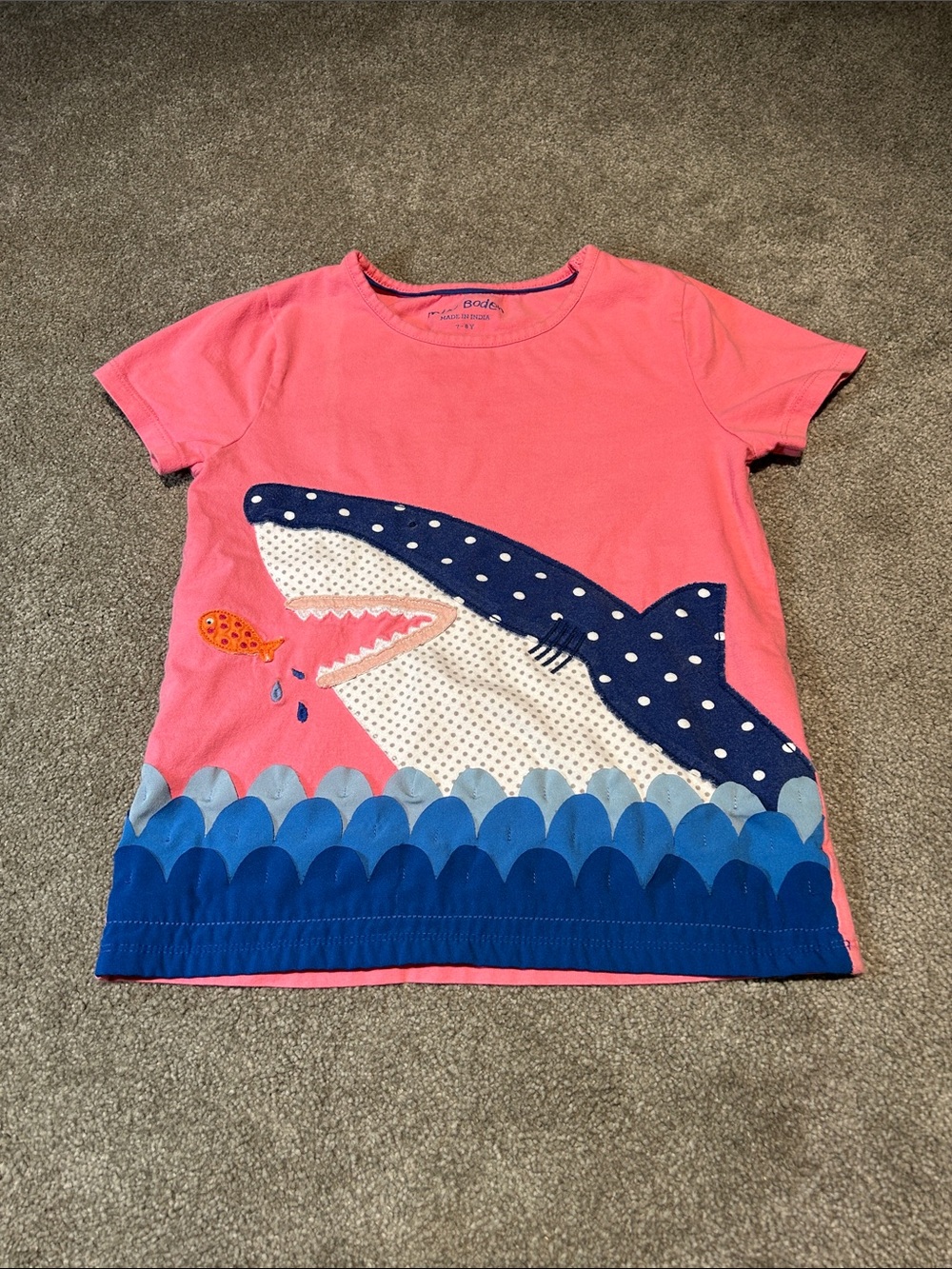 Mini Boden Pink Tee with Navy Polka Dot Shark Applique